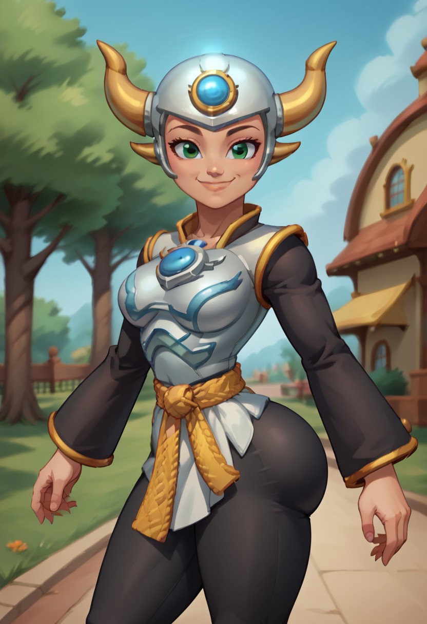 park neighborhood, park background, day, day time, 2d, 1girl, masterpiece, best quality, extreme detail, hourglass figure, wide hips, round boobs, medium breasts, mature female, 2d, 1girl, solo, Skylanders, Aurora, green eyes, helmet, headgear, horns, white top, yellow belt, tied belt, long sleeves, black sleeves, loose sleeves, black pants, bare hands, chest jewel, forehead jewel, gold trim, 
close up, happy expression, smile, side view, looking at viewer, closed mouth, bubble butt