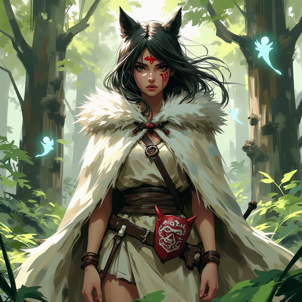Special Ink-drawing mode, Watercolor mode, intricate linework with expressive contrasts, soft and translucent washes of color blending harmoniously, vibrant and muted tones, era 2020s fantasy, tribal and mystical fashion, solo, bold and ethereal style, Rating SFW, a fierce and enigmatic young woman standing amidst an ancient forest, her wolf pelt cape draped over her shoulders. Her piercing eyes radiate strength and defiance, framed by red tribal markings on her face. She wears a simple yet elegant outfit of leather and cloth, adorned with intricate details, while her white fur cloak flows gently in the breeze, catching faint highlights of sunlight. Her hand rests on a bone dagger tied to her waist, while the other holds a red mask with bold, expressive patterns. The soft watercolor background merges lush green foliage with ethereal mists, as ghostly forest spirits float faintly around her, glowing with a soft, bluish light. The scene blends bold ink outlines of her form with watercolor washes of green, brown, and ivory, creating an atmosphere of mystery, power, and harmony with nature. 2D flat anime,animeniji,Mh1$AgThS2,cartoon-style