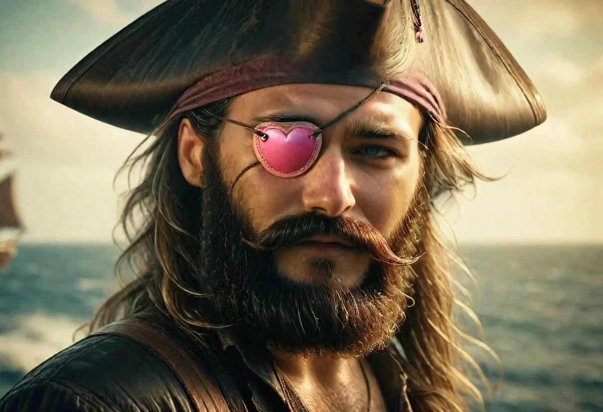 Smiling intimidating to Viewer, Angry smiling manly old vintage retro pirate with cute pink heart print leather eye-patch, parrot, knife, hat, ocean, Wind, sailing, Epic tousled beard, gold tooth,
very detailed, raw photo, photorealistic, high detailed texture, 8k uhd, dslr, soft lighting, high quality, film grain, Fujifilm XT3, highly detailed photography, atmospheric haze, Film grain, cinematic film still, shallow depth of field, highly detailed, high budget, cinemascope, moody, epic, OverallDetail, gorgeous, 2000s vintage RAW photo, photorealistic, candid camera, color graded cinematic, eye catchlights, atmospheric lighting, skin pores, imperfections, natural, shallow dof