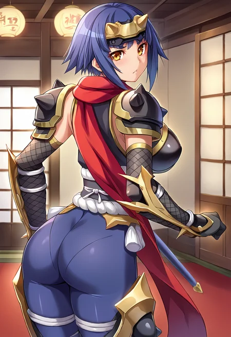 score_9, score_8_up, score_7_up, source_anime, masterpiece BREAK ct_k4guya, blue hair, short hair, large breasts, forehead protector, red scarf, blue bodysuit, armor, obi, shoulder armor, fishnets, elbow gloves, vambraces, greaves, looking at viewer, indoors, japanese home, cowboy shot, from behind, looking ba <lora:Kaguya_OnnaKanbu_Pony_ct:0.9>