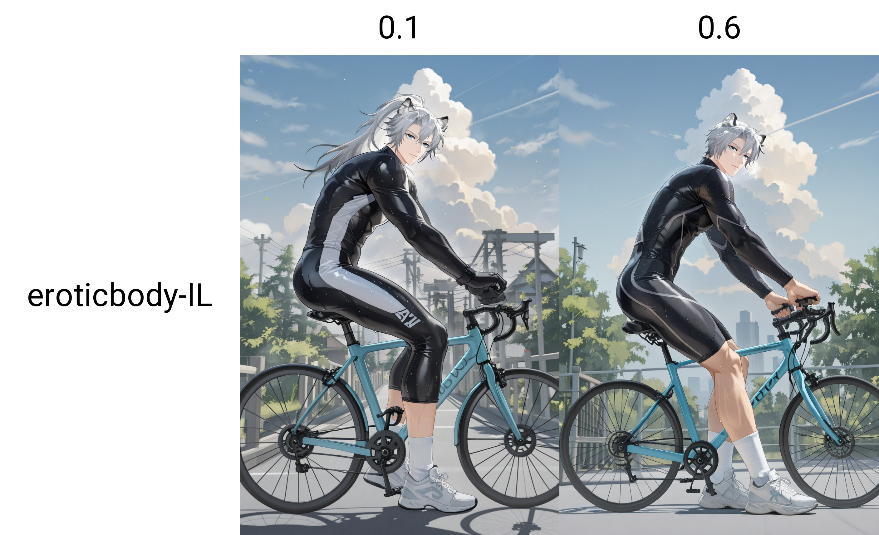 <lora:eroticbody-IL:0.1>,eroticbody,<lora:fengyangjun:0.8> fengyangjun, animal ears, blue eyes,outdoors,sky,riding bicycle,from side,white socks,sneakers,sweat,looking at viewer,bicycle suit,full body,1boy,solo,yaoi,bara,male focus,very awa,masterpiece,best quality,amazing quality,nsfw,uncersored,highres,best quality,amazing quality,best aesthetic,absurdres,