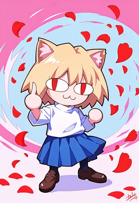 score 7 up, score 8 up, score 9 up, mesterpiece, best qualty, vibrant,
BREAK
necoarc, blonde hair, red eyes, slit pupils, cat ears, :3, chibi, turtleneck, white shirt, blue skirt, pleated skirt, pantyhose, brown footwear,
BREAK
finger gun,rose,petals, dunamic pose, abstract background