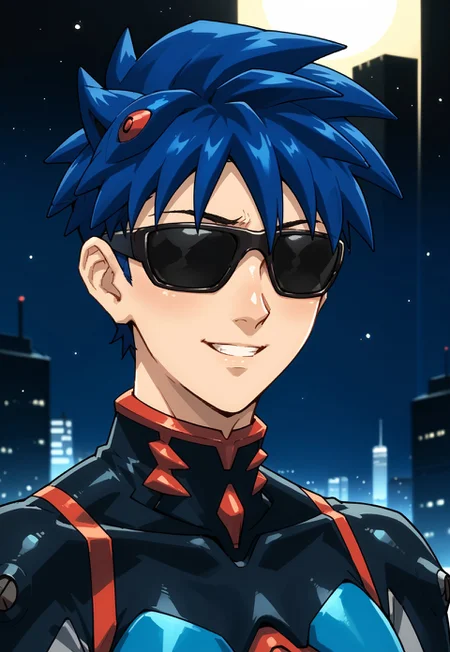 score_9, score_8_up, score_7_up, source_anime, solo, 1boy, DimonSV, (black sunglasses, toned sunglasses:1.5), spikes hair, eva 01 plug suit, high resolution, aesthetically pleasing, light particles, center focus, evil smile, body, best lighting, cg coloring, soft lighting, soft shading, beautiful face, deep eyes, shiny skin, cute, hands on hips, cowboy shot, dutch angle, cityscape, sunset