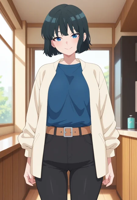 masterpiece, best quality, amazing quality, absurdres, 1girl, solo, cowboy shot, sonokoww, blue eyes, black hair, short hair, bob cut, cream jacket, casual jacket, blue shirt, long sleeves, brown belt, black capri pants, looking at viewer, smile, indoors, day, skindentation, detailed clothing folds, depth of field, sharp, high contrast, dynamic light <lora:Kagetsu_Sonoko_Me_and_the_Alien_MuMu_ill:0.8>