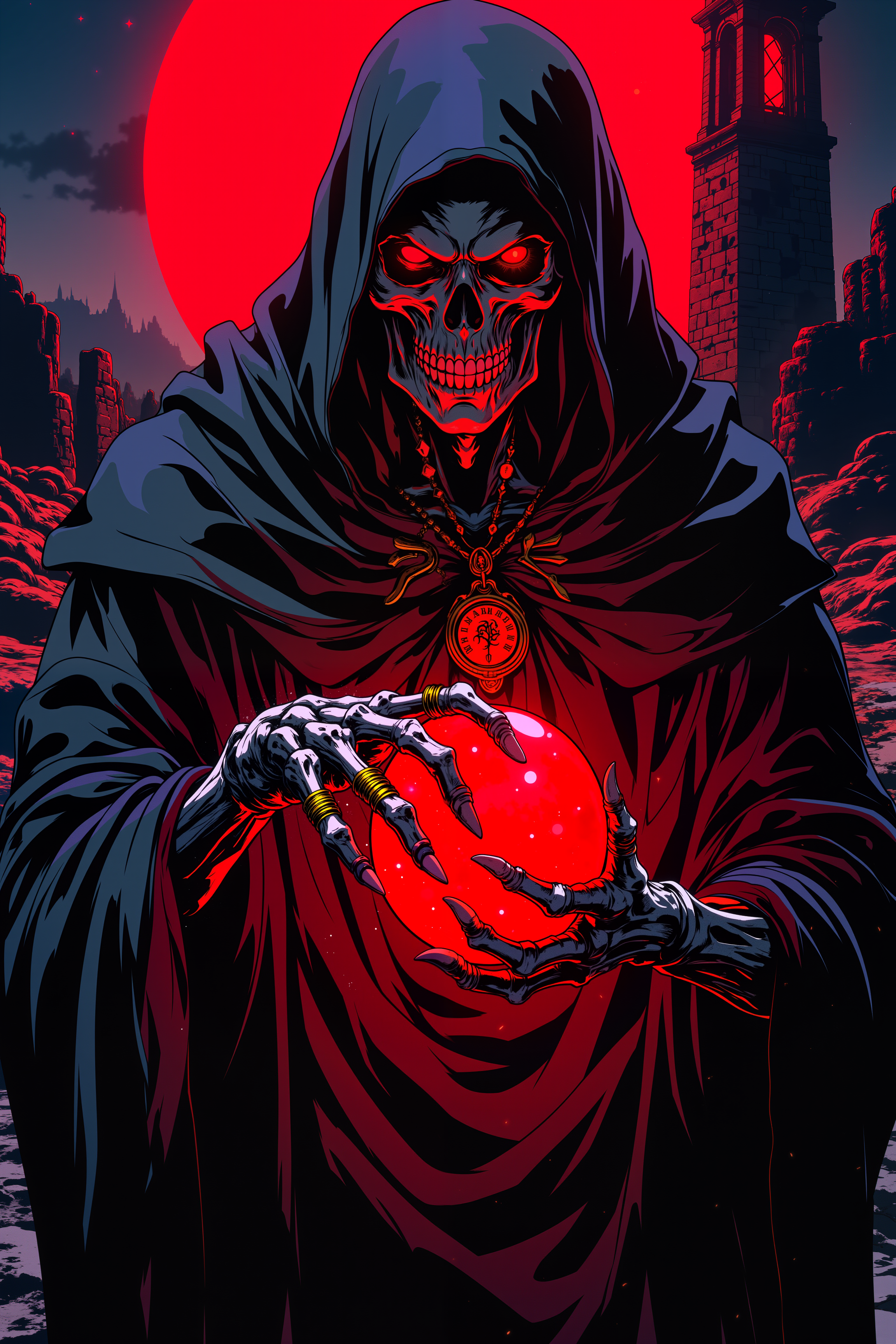 ne0nfant4sy, A ghoulish lich, his decayed face hidden beneath a hood of tattered black robes, stands with his skeletal hands clutching a glowing, crimson gemstone. His fleshless fingers are adorned with rings, each one glowing faintly with dark magic, while his sunken, glowing red eyes peer out from the shadows of his hood. The gemstone pulses with dark energy, casting a sickly red light over his hollow, skeletal features. Around his neck hangs an ancient amulet, inscribed with runes of forbidden magic. Behind him, a crumbling tower rises into the night, its stone walls etched with countless years of arcane symbols. The sky above is dark and starless, save for a blood-red moon that casts an eerie glow over the desolate landscape. The faint whispers of spirits echo in the air around him, and the ground beneath his feet is cracked and lifeless. His expression, though devoid of flesh, is one of sinister glee, a master of death holding unimaginable power. The crimson glow from the gemstone illuminates his skeletal grin, casting long shadows across the tattered remnants of his robes.<lora:RetroAnimeFluxV1:0.5><lora:NeonFantasyFLUX:0.3>