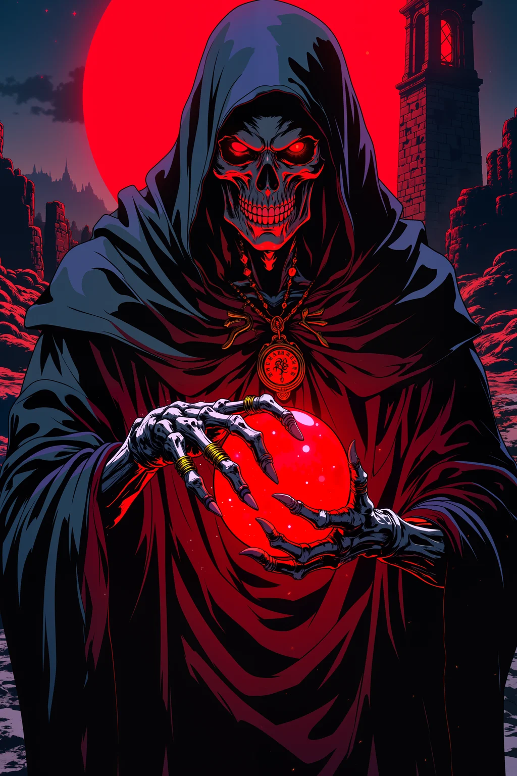ne0nfant4sy, A ghoulish lich, his decayed face hidden beneath a hood of tattered black robes, stands with his skeletal hands clutching a glowing, crimson gemstone. His fleshless fingers are adorned with rings, each one glowing faintly with dark magic, while his sunken, glowing red eyes peer out from the shadows of his hood. The gemstone pulses with dark energy, casting a sickly red light over his hollow, skeletal features. Around his neck hangs an ancient amulet, inscribed with runes of forbidden magic. Behind him, a crumbling tower rises into the night, its stone walls etched with countless years of arcane symbols. The sky above is dark and starless, save for a blood-red moon that casts an eerie glow over the desolate landscape. The faint whispers of spirits echo in the air around him, and the ground beneath his feet is cracked and lifeless. His expression, though devoid of flesh, is one of sinister glee, a master of death holding unimaginable power. The crimson glow from the gemstone illuminates his skeletal grin, casting long shadows across the tattered remnants of his robes.<lora:RetroAnimeFluxV1:0.5><lora:NeonFantasyFLUX:0.3>