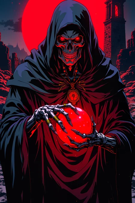 ne0nfant4sy, A ghoulish lich, his decayed face hidden beneath a hood of tattered black robes, stands with his skeletal hands clutching a glowing, crimson gemstone. His fleshless fingers are adorned with rings, each one glowing faintly with dark magic, while his sunken, glowing red eyes peer out from the shadows of his hood. The gemstone pulses with dark energy, casting a sickly red light over his hollow, skeletal features. Around his neck hangs an ancient amulet, inscribed with runes of forbidden magic. Behind him, a crumbling tower rises into the night, its stone walls etched with countless years of arcane symbols. The sky above is dark and starless, save for a blood-red moon that casts an eerie glow over the desolate landscape. The faint whispers of spirits echo in the air around him, and the ground beneath his feet is cracked and lifeless. His expression, though devoid of flesh, is one of sinister glee, a master of death holding unimaginable power. The crimson glow from the gemstone illuminates his skeletal grin, casting long shadows across the tattered remnants of his robes.<lora:RetroAnimeFluxV1:0.5><lora:NeonFantasyFLUX:0.3>