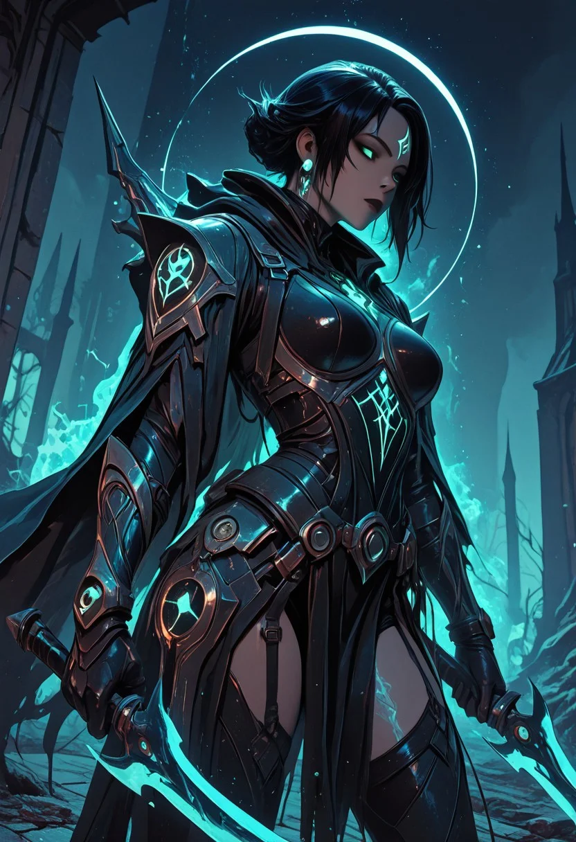 (masterpiece), (best quality), 8k, 1girl, celestial assassin, intense low lighting, glowing crescent blades, dual-wielding, shadowed face, glowing eyes, dark eclipse sky behind her, glowing voidlight aura, mystical sigils on ground, standing on fallen enemy, long flowing cloak fluttering, sci-fi fantasy armor with celestial patterns, moonlit silhouette, cinematic perspective, ethereal particles, solemn expression, radiant eclipse corona, sleek asymmetrical hairstyle, atmosphere of silent finality,
Unique, close up, cowboy shot, dutch angle, foreshortening,