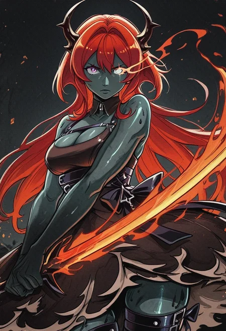 813nm0hstyle, masterpiece, best quality, solo, surtr, ash skin, coal skin, curled horns, holding flaming sword, thin, flaming eyes,