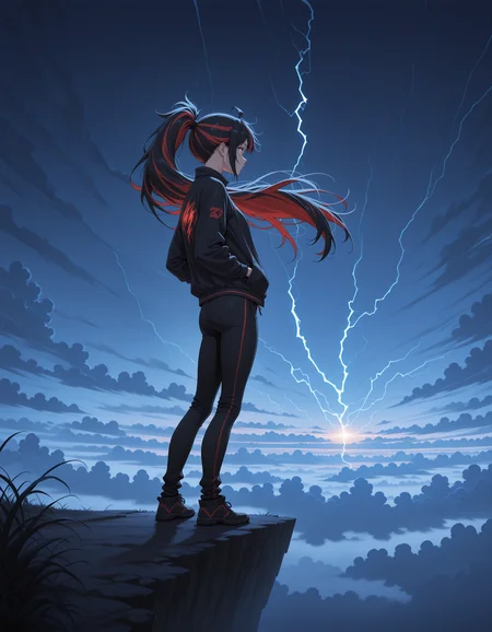 1girl, jacket, black pants, hands in pocket, standing, dynamic pose, side view, red hair, multicolor hair, striped hair, ponytail, wind, very long hair,  <lora:standing_on_the_edge_epoch_9(1):0.8> 5t4nd1ng_0n_3dg3, fog, clouds, glowing clouds, lightning,