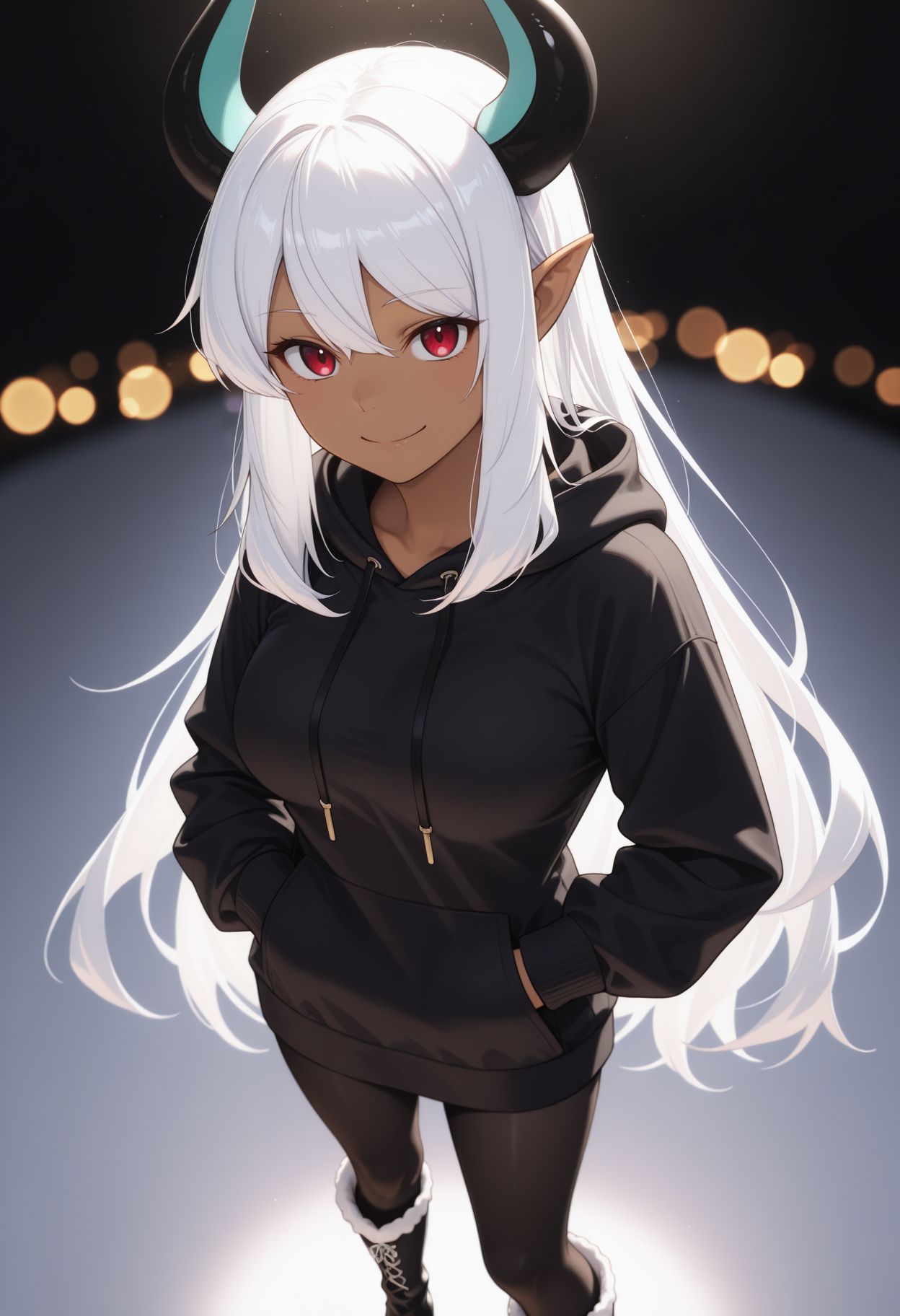 masterpiece,best quality,absurdres,highres,very aesthetic,high quality,detailed,insanely detailed,beautiful,perfect lighting, ,depth of field,blurry background,bokeh, looking at viewer,  smile, 
<lora:Belzebub illu:1>  hood down, black hoodie, black pantyhose, pointy ears, boots,  black footwear, white background, standing, looking at viewer, hands in pockets, closed mouth, simple background, long sleeves, hair ribbon,  drawstring1girl, horns, medium breasts, white hair, pointy ears, dark skin, dark-skinned female, red eyes,