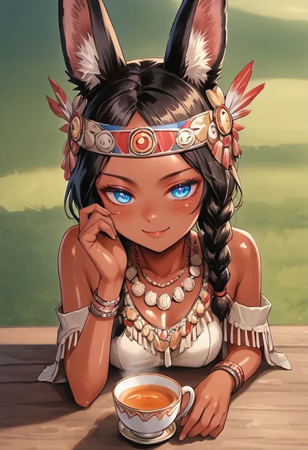 score_9, score_8_up, score_7_up, source_anime, anime screencap, anime coloring, masterpiece, best quality, traditional media, uncensored, 1girl, solo,  ordiy, dark skin, dark-skinned female, cute, face, (skindentation:1.2), twin braids, Shoulder length braids, animal ears, small animal ears, short tail, Fluffy Tail, tail, Black Tail, Black tail, medium breasts, Blue eyes, Cute nose, smirk, headband, tribal, revealing clothes, native american clothes, fringe trim, cape, jewelry, bracelet, necklace,, , (tea table, holding teacup, tea pot), sitting, crossed legs, pov, from above,  shiny body, shiny skin, detailed nose, ultra detailed eyes, depth of field, sharp, (intricate details, hyperdetailed:1.15), ultra detailed eyes, depth of field, sharp, (intricate details, hyperdetailed:1.15) , shiny skin, glistening skin, Shiny, Shiny skin,full_details,