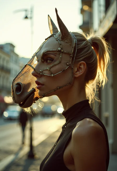 analog film photo A photograph of a woman wearing a unique, semi-transparent horse head mask made of mesh material, in a realistic and high-definition style. The mask is intricately designed with detailed features, including ears, eyes, and a muzzle, all crafted from a light beige mesh that allows the woman's face to be partially visible. The mask is outlined with dark, possibly black, thread or wire, giving it a structured and defined shape.
The woman has light, possibly blonde hair pulled back into a sleek, tight hairstyle. She is wearing a sheer, black top that complements the dark outlines of the mask. The lighting in the photograph is soft and warm, with a golden hue that suggests it is either early morning or late afternoon. The background is slightly blurred, focusing attention on the woman and her striking mask, and appears to be an urban setting with buildings and natural light filtering through.
The overall aesthetic is a blend of avant-garde fashion and realistic photography, capturing the textures of the mesh mask, the smoothness of the woman's skin, and the delicate play of light and shadow.
 . faded film, desaturated, 35mm photo, grainy, vignette, vintage, Kodachrome, Lomography, stained, highly detailed, found footage