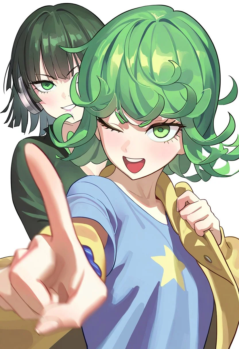 masterpiece, best quality, very aesthetic, high resolution, ultra-detailed, absurdres, newest, extremely detailed eyes, beautiful, perfect lighting, hi res, amazing quality, very awa, Brightly Lit, Highly Visible, 8k, sharp focus, beautiful, perfect lighting, volumetric lighting, scenery, painting_(artwork), PSTL_ST, long hair, looking at viewer, smile, open mouth, bangs, multiple girls, simple background, green hair, shirt, hair ornament, long sleeves, white background, 2girls, green eyes, jacket, upper body, one eye closed, star \(symbol\), grin, side ponytail, coat, v, siblings, headphones, scrunchie, blue shirt, pointing, sisters, hair scrunchie, twins, star print, print shirt, large breast, tatsumaki, fubuki (one punch man), black hair