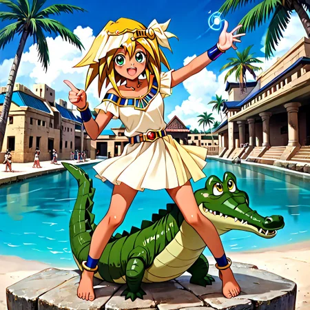 Mana, anime, yu-gi-oh! duel monsters,1girl, best quality, Egyptian, tan skin, green eyes, stone structure, stone building, (happy), (standing), magic, looking at viewer, smug, one eye closed, cute pose, cute face, (thumbs up:0.8), full body, anklet, belt, barefoot,Mana is her little size,Mana is her dry land.
Tick Tock crocodile,male animal focus, crocodile open large mouth ,green skin, blue eyes, Tick Tock the crocodile is giant and very huge size,teeth,Tick Tock the crocodile swimming in the nile river, Tock the crocodile hug with Mana.
Palm_trees, egyptian,egypt,nile_river, Disney, anime_manga