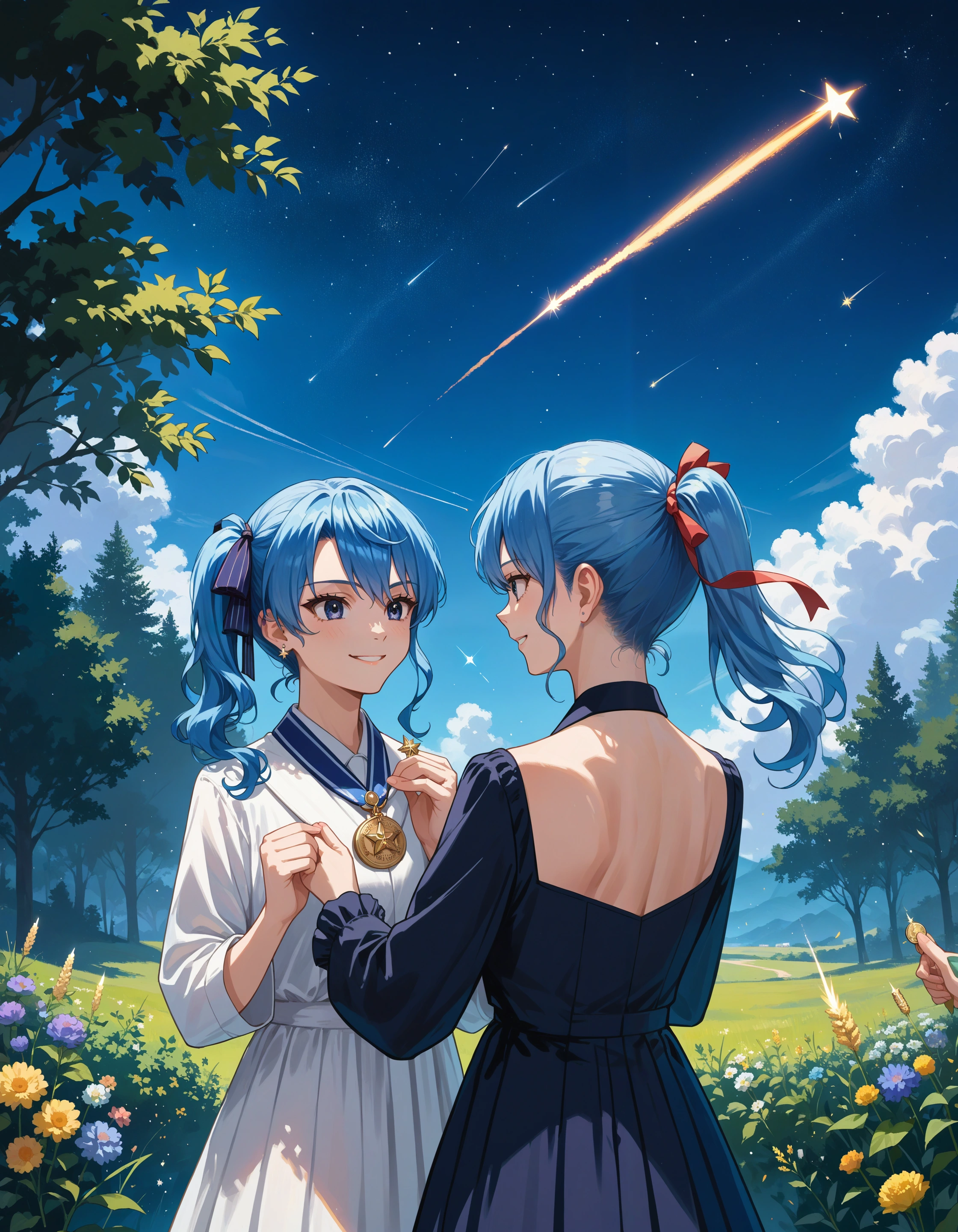 score_9, score_8_up, score_7_up, source_anime,
2girls, awarding medal, back, starry sky, comet, outdoors,
(lanr:1.1), one side up, blue hair, hair ribbon, star in eye, light smile,
<lora:concept_awarding-front-rls:1>