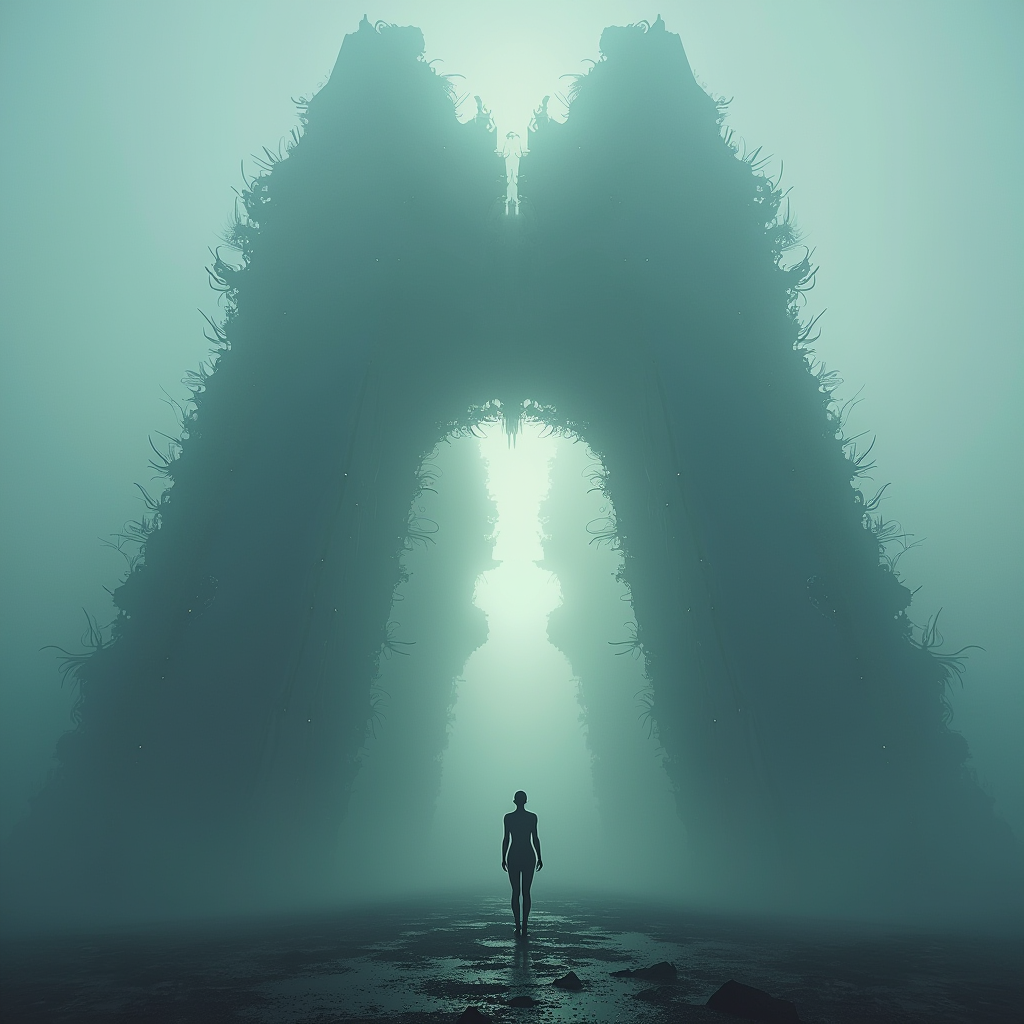 concept art, abstraction, 1girl, cinematic photo   (style  Corey Arnold)
(sci-fi fractal megastructure:1.3), colossal scale, fog, volumetric lighting, SSAO, dof, 