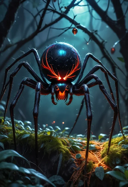 (medium full shot) of (spooky spider) with a black smooth body, medium size, thick legs with pointed tips, luminescent web, jeweled abdomen, located in a vibrant forest, with colorful flora, sparkling webs, lively insects, and a magical glow, during twilight, ,Masterpiece,best quality, raw photo, realistic, very aesthetic, dark