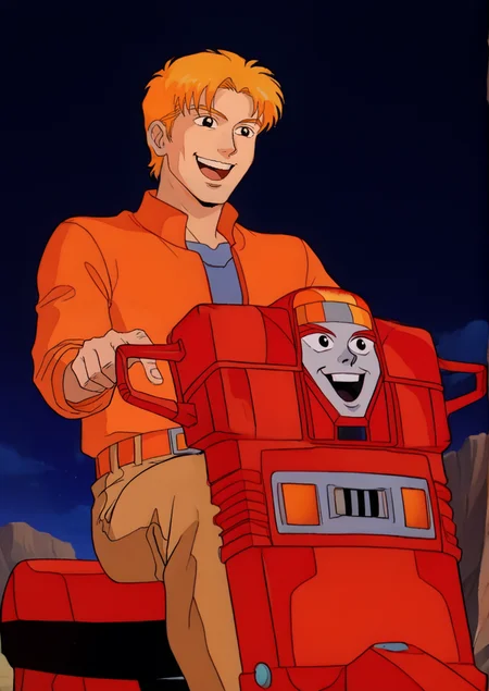 5C00t3r, score_8_up, score_7_up, retro artstyle, source_manga, rating_safe,  <lora:Scooter_-_GoBots_1983_-_Pony_r1:1> moped mode, scooter, moped, grey face, black eyes, red handles, red metal body, happy expression, yellow black highlights,black seat, break, human on scooter, desert background, night