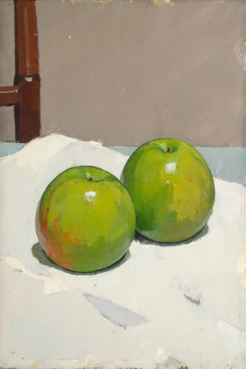 euanuglow1 painting.
Two upside-down green apples placed on a white tablecloth. <lora:euanuglow1_cap_d6aee11:1.0><lora:845532555236260046:0>