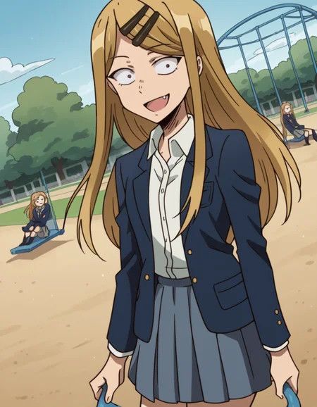 score_9, score_8_up, score_7_up, source_anime, <lora:saya-endou-s2-ponyxl-lora-nochekaiser:1>, saya endou, long hair, blonde hair, hair ornament, brown eyes, hairclip, fang, wide-eyed, constricted pupils, sanpaku,, skirt, shirt, hair ornament, school uniform, jacket, pleated skirt, socks, blazer,, public park, playground, swing set, laughter, sunny day, smile, looking at viewer, arm crossed over chest, solo,, cowboy shot, dutch angle