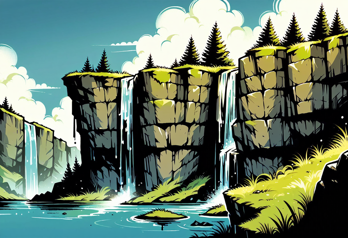score_9, score_8_up, score_7_up, score_9, <lora:Toon Graffiti Style:1>,dripping, cliffside with waterfalls and a lake and field,