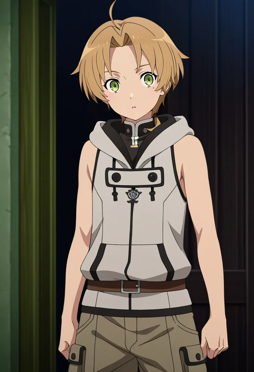 masterpiece, best quality, , anime screencap, , official style, , 1boy, solo, male focus, <lora:rudeus_greyrat_ilxl:0.92>, rudeus_greyrat, blonde hair, green eyes, short hair, bangs, parted bangs, ahoge, , , Cargo shorts, Moire Sleeveless hoodie, , Bandana,