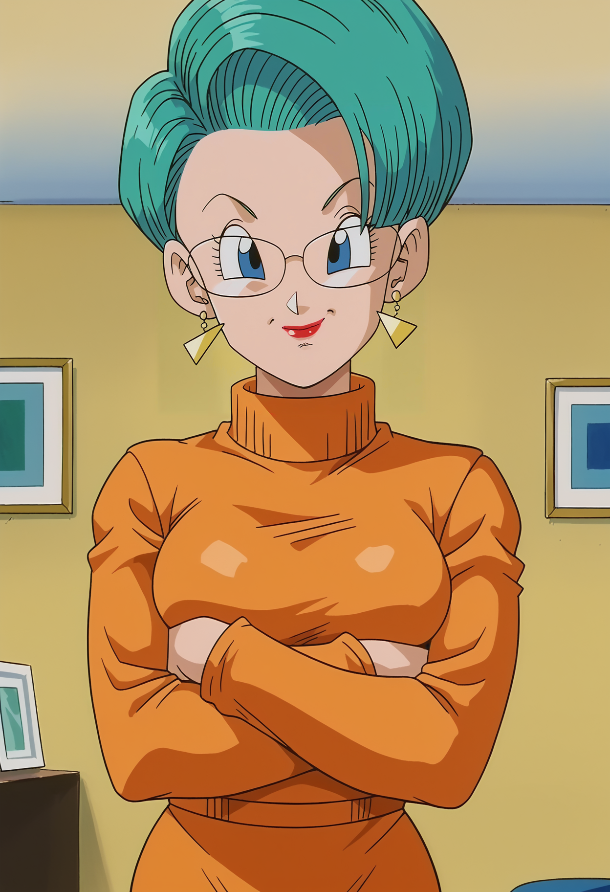 <lora:Bulma-Dragon_Ball_GT:0.8>,Bulma,mature female,1girl,solo,earrings,short hair,blue eyes,aqua hair,lipstick,yellow turtleneck dress,glasses,large breasts,looking at viewer,indoors,smile,closed mouth, crossed arms,