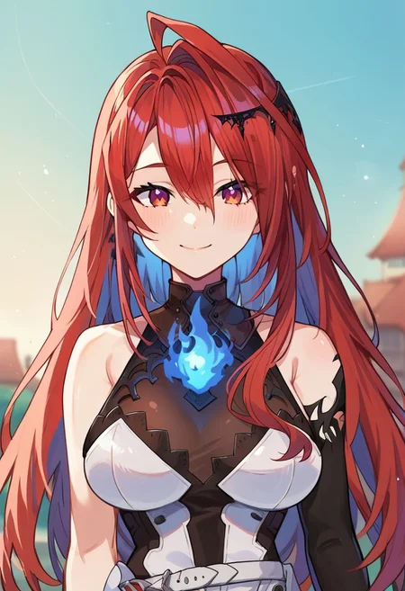 score_9, score_8_up, score_7_up, source_anime, 1girl, outdoors,
BREAK ,
red hair, red eyes, ahoge, blue fire, erb_main, asymmetrical gloves, asymmetrical dress, single detached sleeve, upper body, smile, white belt,