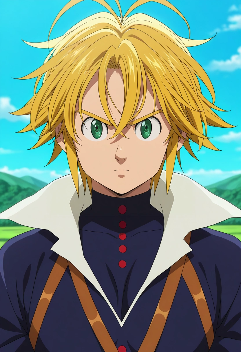 masterpiece, best quality, intricate details, anime screencap, anime coloring, , looking at viewer, 1boy, solo, male focus, <lora:meliodas_nanatsu_no_taizai_ilxl:0.9>, meliodas_nanatsu_no_taizai, blonde hair, green eyes, short hair, antenna hair, hair between eyes, , day of the dead costume