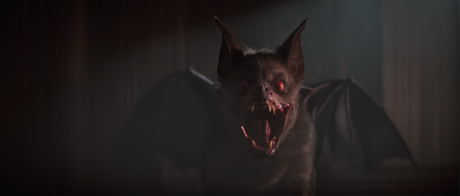 cinematic film still of  <lora:Fright Night 1985 style v2:1>
In the 1980's Creepy vampire bat creature monster with vampire bat teeth and vampire bat ears and vampire bat nose and vampire bat face and vampire bat wings a creepy looking creature with red eyes,solo,looking at viewer,open mouth,red eyes,1boy,male focus,teeth,brown background,realistic,horror (theme) , horror themed, dark themed, low key light, dramatic light, dramatic shadow light, contrast, cinematic color, cinematic look, filmic, realistic, realism, perfection, perfect, Kodak, Kodak film, movie still, Fright Night 1985 style, Fright Night Film style, shallow depth of field, vignette, highly detailed, high budget, bokeh, cinemascope, moody, epic, gorgeous, film grain, grainy