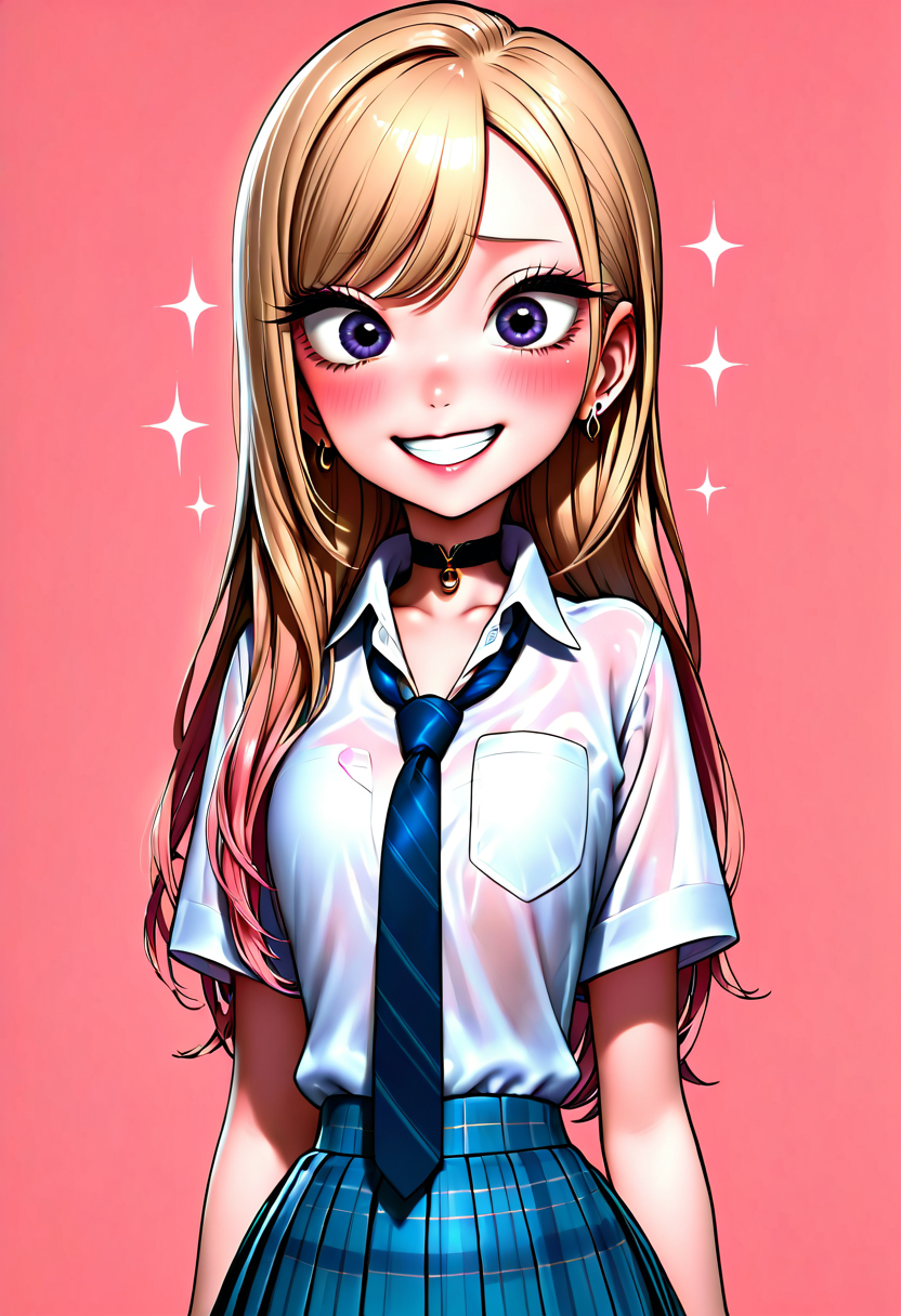 masterpiece, best quality,   3d,  1girl, solo, long hair, looking at viewer, blush, smile, skirt, blonde hair, simple background, shirt, jewelry, school uniform, purple eyes, white shirt, upper body, short sleeves, pleated skirt, earrings, necktie, teeth, choker, collared shirt, grin, blue skirt, see-through, plaid, eyelashes, sparkle, swept bangs, black choker, plaid skirt, piercing, pink background, ear piercing, pocket, blue necktie, shirt tucked in, breast pocket, kitagawa marin   ,<lora:C3CitronNAI:1.0>,