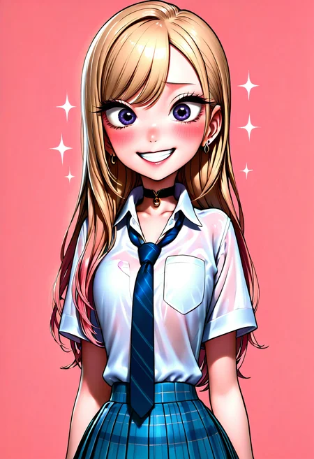 masterpiece, best quality, 3d, 1girl, solo, long hair, looking at viewer, blush, smile, skirt, blonde hair, simple background, shirt, jewelry, school uniform, purple eyes, white shirt, upper body, short sleeves, pleated skirt, earrings, necktie, teeth, choker, collared shirt, grin, blue skirt, see-through, plaid, eyelashes, sparkle, swept bangs, black choker, plaid skirt, piercing, pink background, ear piercing, pocket, blue necktie, shirt tucked in, breast pocket, kitagawa marin ,<lora:C3CitronNAI:1.0>,