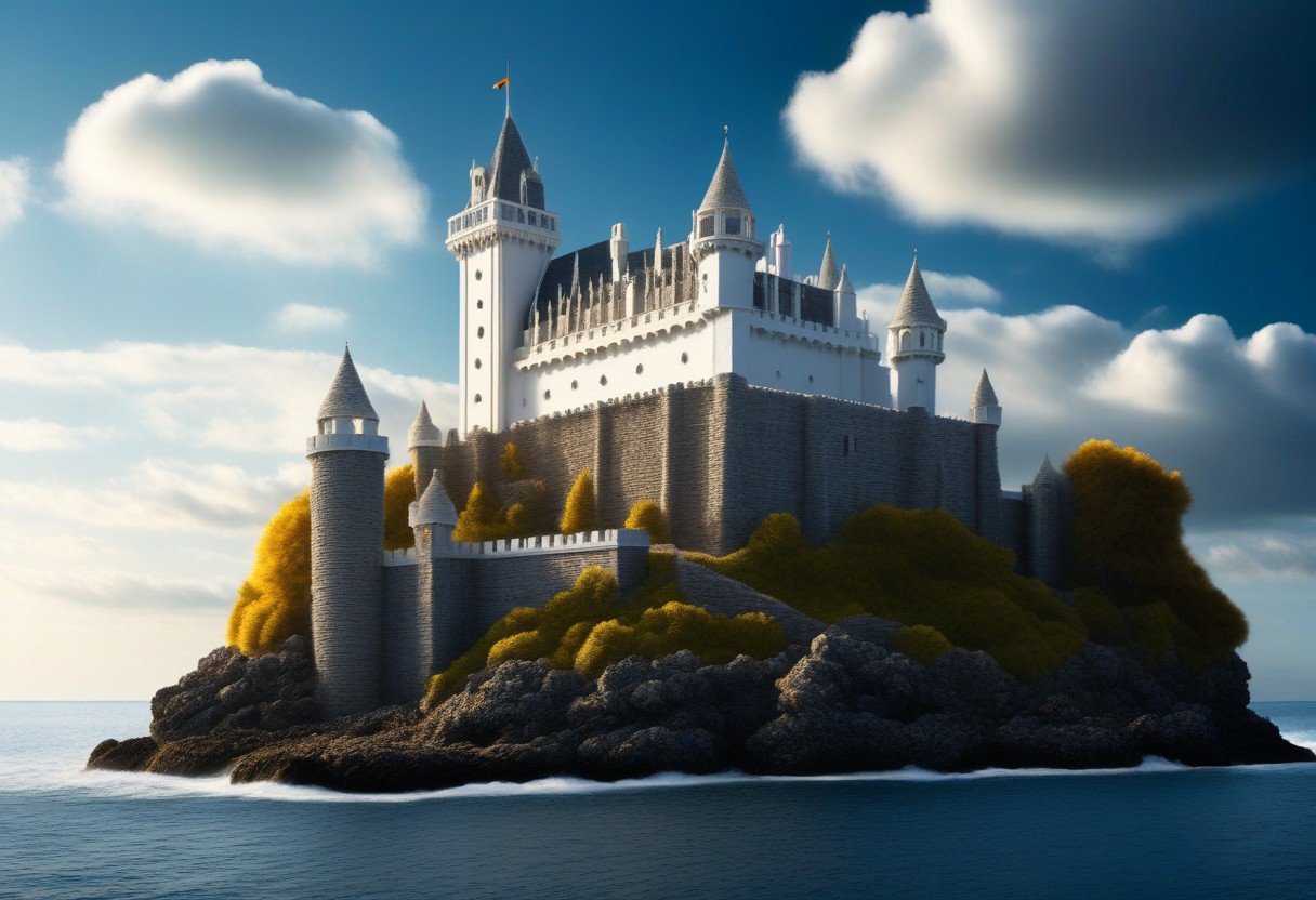 a (white stonework castle) on a (rock spire) in a bay, (stone pier, Mole, Jetty), battlement, crenellations, Machicolations, rough sea, blue sky, clouds, sun beams, best quality, high Contrast,  masterpiece, realistic, photo-realistic, amazing, finely detail, ultra-detailed, highres, extremely detailed, 8k wallpaper, wizz style