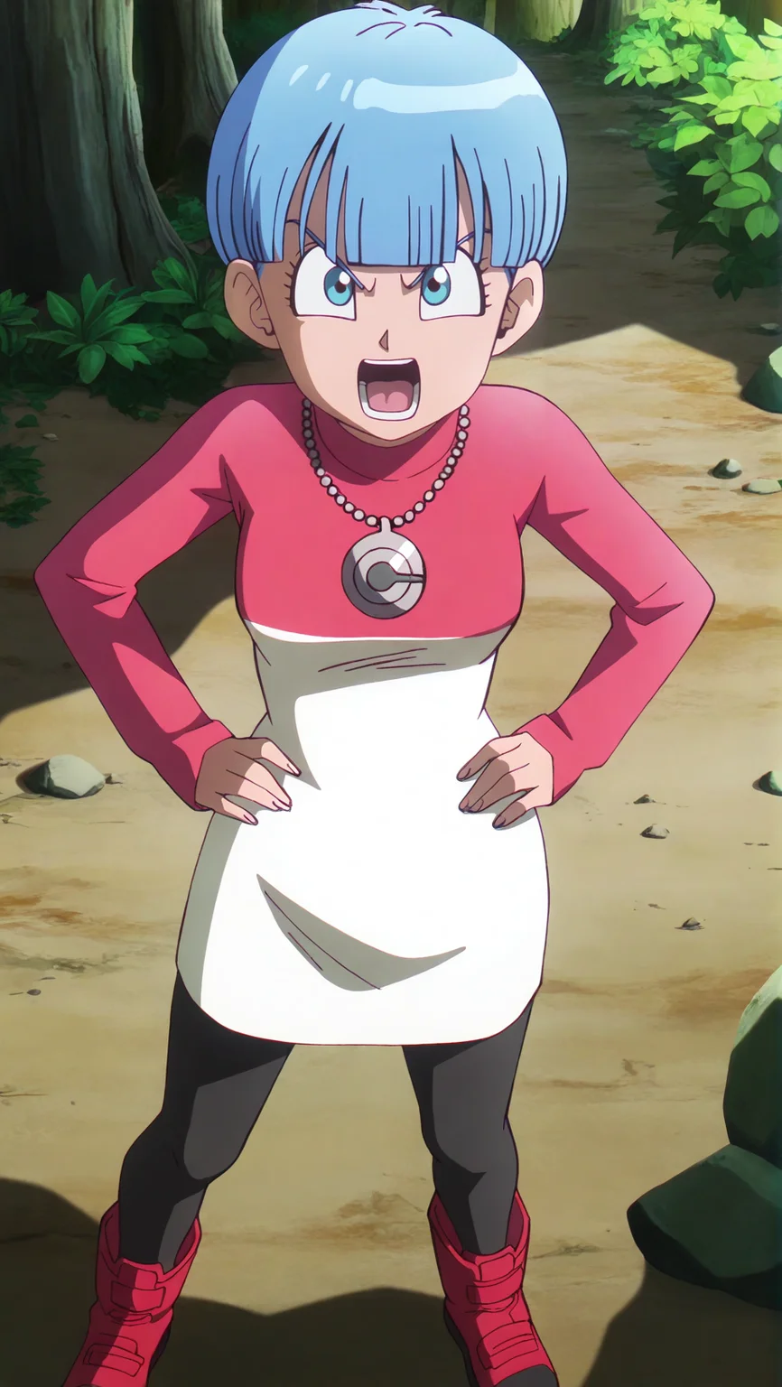 source_anime, masterpiece, best quality, amazing quality, anime screencap, high quality, 8k, absurdres, official style, outdoors, nature, <lora:Bulma_Briefs_Daima_iL:1>, bulm4 b513fs daima, short hair, blue eyes, blue hair, dress outfit, dress, jewelry, pantyhose, boots, necklace, turtleneck, standing, hands on hips, angry, shouting, looking at viewer