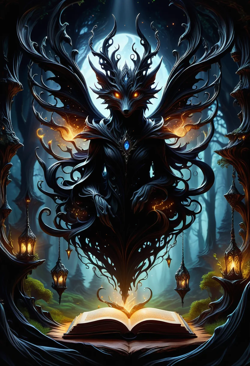 hyper detailed masterpiece, dynamic, awesome quality, DonMN1gh7D3m0nXL fairy healer's grove, spellbook,flying broomstick,wall art/paintings, manikin technique tapestry,hardwood,obsidian stone, pendant lights, task lighting,fantasy, made of shadow <lora:DonMN1gh7D3m0nXL-v1.1-000008:1>