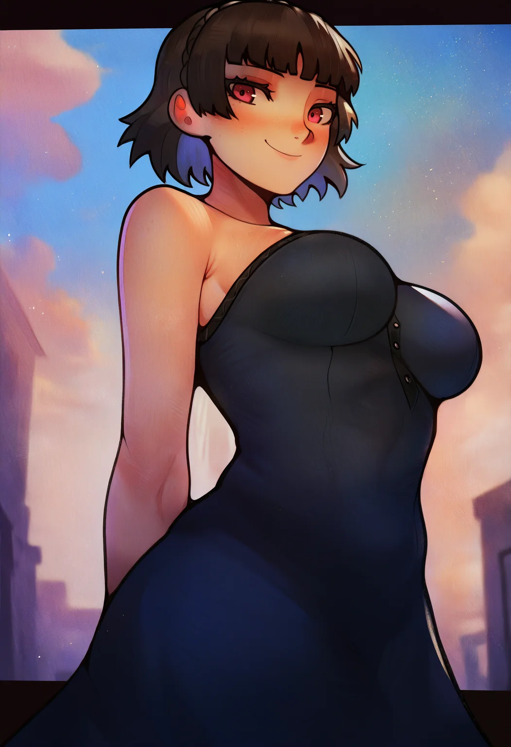 1girl, solo, niijima makoto, blue dress, bare shoulders, from below, looking at viewer, smile, blue sky, impossible clothes, strapless dress, armpit crease, arms behind back, letterboxed,
masterpiece, best quality, <lora:fluffydango-guy90-Illust-Lycorisv1:1> flufngo