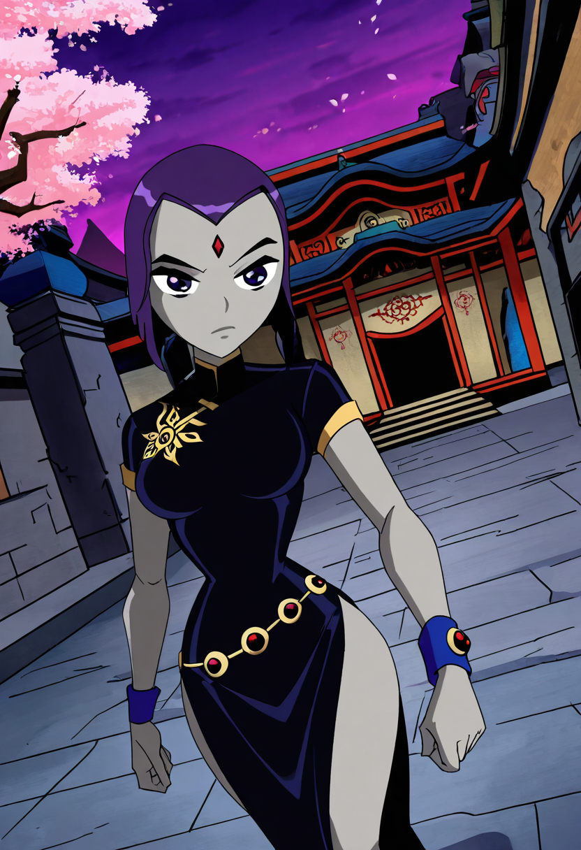 masterpiece, best quality, solo, curvy, beautiful eyes,  narrow waist, wide hips,  zzRaven, purple eyes, purple hair, short hair, grey skin, forehead jewel, colored skin,  ,       <lora:RavenTT_IXL:1.0>,   dynamic angle, foreshortening, close up, [Mystic Silk Courtyard], Silk cheongsam, embroidered flowers, jade bracelet, Walking through a moonlit courtyard with cherry blossoms and temple architecture, evoking serene elegance.