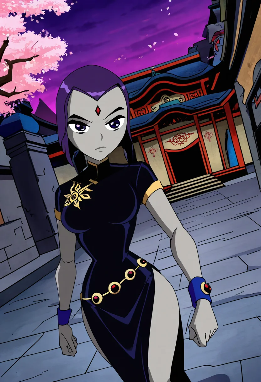 masterpiece, best quality, solo, curvy, beautiful eyes,  narrow waist, wide hips,  zzRaven, purple eyes, purple hair, short hair, grey skin, forehead jewel, colored skin,  ,       <lora:RavenTT_IXL:1.0>,   dynamic angle, foreshortening, close up, [Mystic Silk Courtyard], Silk cheongsam, embroidered flowers, jade bracelet, Walking through a moonlit courtyard with cherry blossoms and temple architecture, evoking serene elegance.