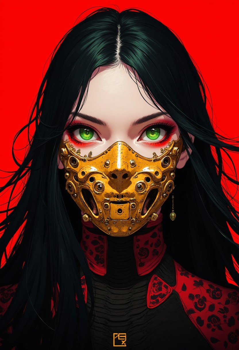 A girl with bright green eyes and long black hair that flutters slightly. Her face is partially hidden by a beautiful golden mask, a mempo, that covers her mouth and nose.  bright makeup with red eyeshadow around her eyes, a dangerous look. In the background, there is a rich red color, which enhances the contrast and drama of the image