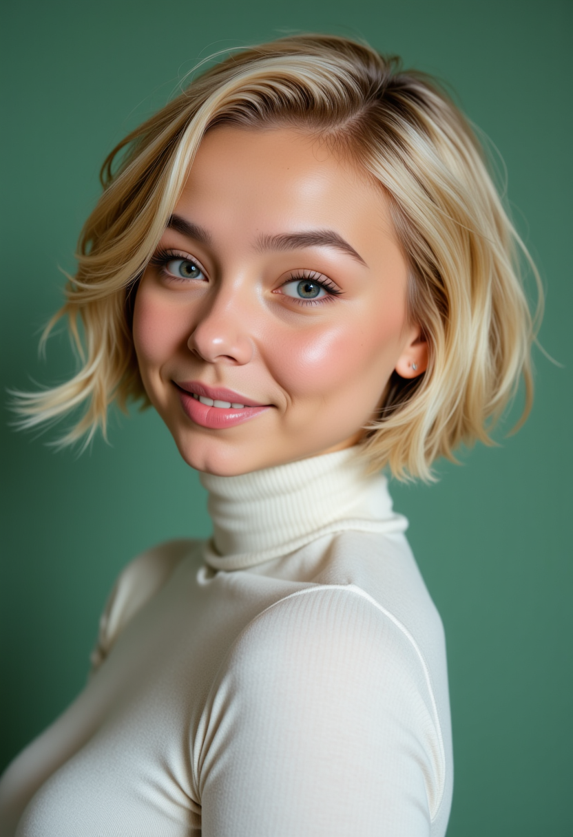 Headshots,masterpiece, a beautiful woman,Hyperrealistic, she is smiling, dynamic angles, multiple angles, photoshoot poses; A photo of Flux capacity girl 2, a woman with short blonde hair, she has massive breasts, a beautiful girl,she is wearing a white turtleneck sweater.she has massive breasts, she has piercing eyes. a dynamic pose and a sense of action. simple green background, and the lighting is soft, creating a dramatic effect, creating a focused and dynamic pose.; the scene is set in a beautiful well-lit environment, with a sense of action and adventure. Style: realistic hyper-detailed rendering, 32k UHD, expressive eyes, punk, graphic design, girl's face, pretty and cute, gleaming lips, telling a tale of adventure. Exuding confidence and serenity. The overall mood of the image is happy and relaxed, detailed skin texture,(blush:0.2),(goosebumps:0.3), subsurface scattering,with a playful and whimsical tone,perfect hand, hand, detailed hand,niji style,retro50s_style,