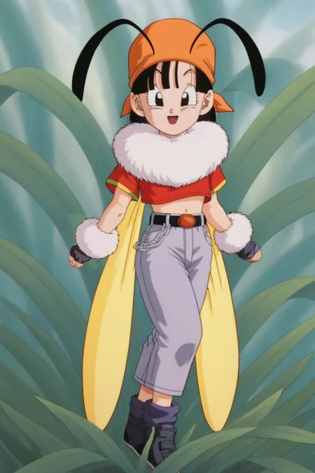 source_anime, score_9, score_8_up, score_7_up, anime screencap,8k, absurd res,
pan \(dragon ball\), bee outfit, 1girl, solo, looking at viewer, smile, short hair, open mouth, black hair, navel, full body, short sleeves, boots, black gloves, midriff, belt, grey pants, fingerless gloves, black eyes, fur trim, chain, plant, fur collar, orange bandana, antennae, retro artstyle, female child, insect wings, 1990s \(style\), anime coloring, black footwear, black legwear, gold trim, clenched hands, bangs, red shirt, loose socks, sneakers, raised eyebrows
<lora:panRemake_pony_v1:0.8>