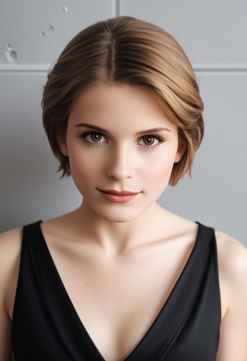 Masterpiece, (hasselblad 907x, sharp focus), photo-portrait, (3/4 view:1.5), (from above:0.8), (upper body:1.2), gorgeous woman, detailed face, short hair, <lora:Kate:1.8>, elegant, breathtaking, award winning photography, cinematic lighting,
