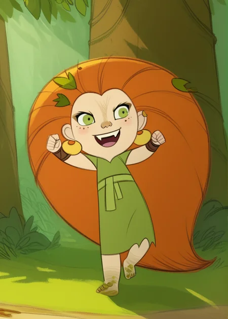 (zPDXL3), full body, solo, 1girl, best quality, 1girl, solo, mebh_human, green eyes, long hair, orange hair, earrings, barefoot,  earrings, jewelry, leaf, green dress, dirty feet, freckles, smile, open mouth, fangs, dynamic pose, outdoors, forest , dynamic angle 
<lora:Mebh_Óg_MacTíre_-_WolfWalkers:1> <lora:hand 5.5:0.8>