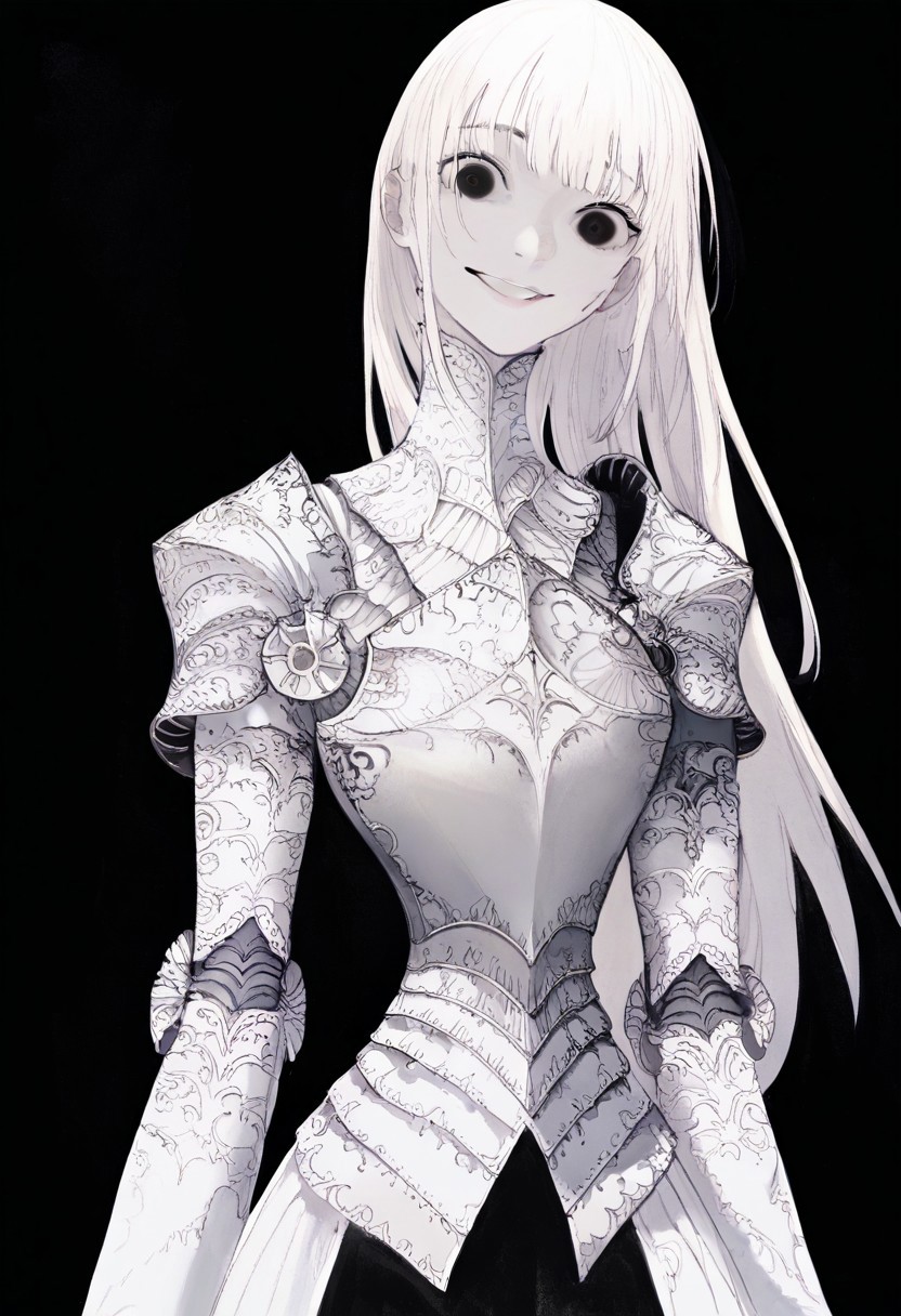 solo, looking at viewer, black eyes, black background, 1girl, long white hair, extremely pale skin, smiling, white and black armor, masterpiece,best quality,very aesthetic,absurdres
 <lora:monfornoob:0.95>