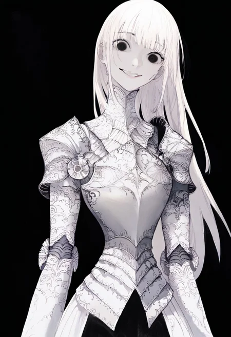 solo, looking at viewer, black eyes, black background, 1girl, long white hair, extremely pale skin, smiling, white and black armor, masterpiece,best quality,very aesthetic,absurdres
 <lora:monfornoob:0.95>