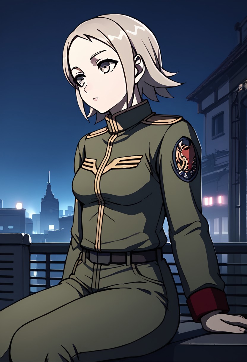 score_9, score_8_up, score_7_up,city view, 1 female,night view, moonlight,anne, female, grey hair, grey eyes, military uniform,pants,sitting