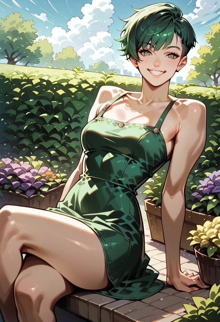 realistic, score_9,score_8_up,score_7_up, PollyStyleMix , 1girl, green hair, pixie cut, smiling, medium breasts, slim body, cute, green sundress, sitting on a bench, garden, outdoors