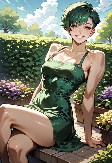realistic, score_9,score_8_up,score_7_up, PollyStyleMix , 1girl, green hair, pixie cut, smiling, medium breasts, slim body, cute, green sundress, sitting on a bench, garden, outdoors