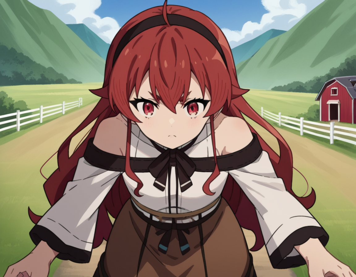 score_9, score_8_up, score_7_up, source_anime,
erisgreyrat, <lora:eris-boreas-greyrat-s1-ponyxl-lora-nochekaiser:1>,
eris greyrat, ahoge, hair between eyes, long hair, red eyes, red hair, sidelocks,
black hairband, black ribbon, brown skirt, hairband, long sleeves, neck ribbon, pantyhose, ribbon, shirt, shoulder cutout, skirt, white pantyhose, white shirt, wide sleeves,
outdoors, landscape, farm, bent over,
looking at viewer, dutch angle, cowboy shot,
